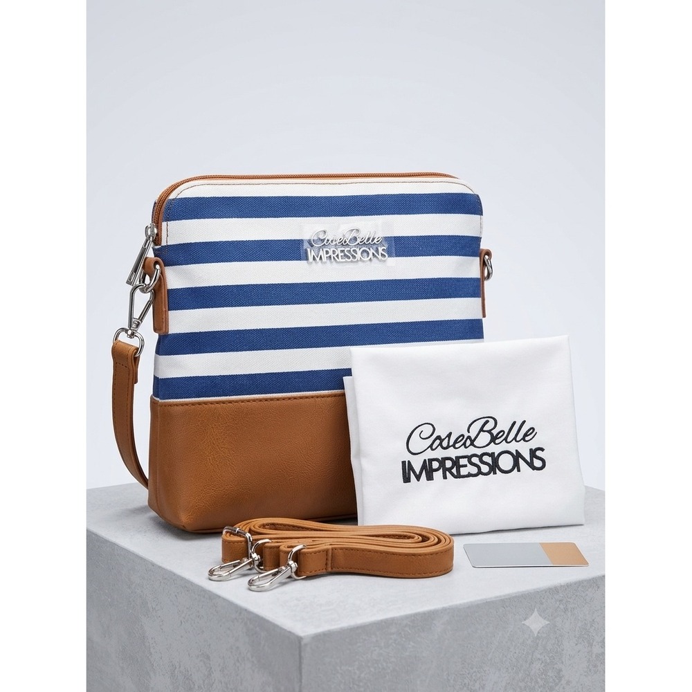 CoseBelle Impressions Blue White Stripedโ Canvas Crossbody Bag Tan Vegan Leather